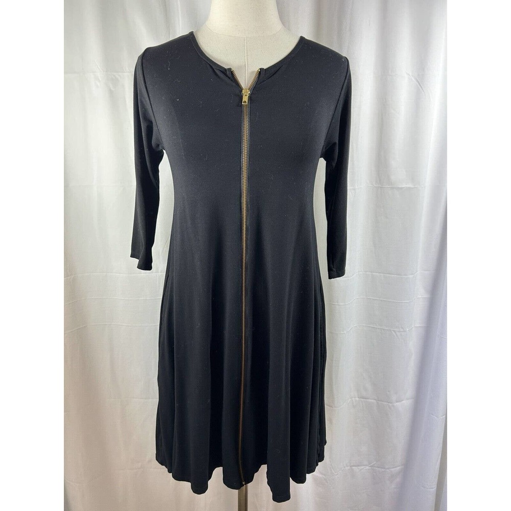 Anthropologie Bel Kazon Front Zip Fit Flare Long Sleeve black dress SMALL pocket